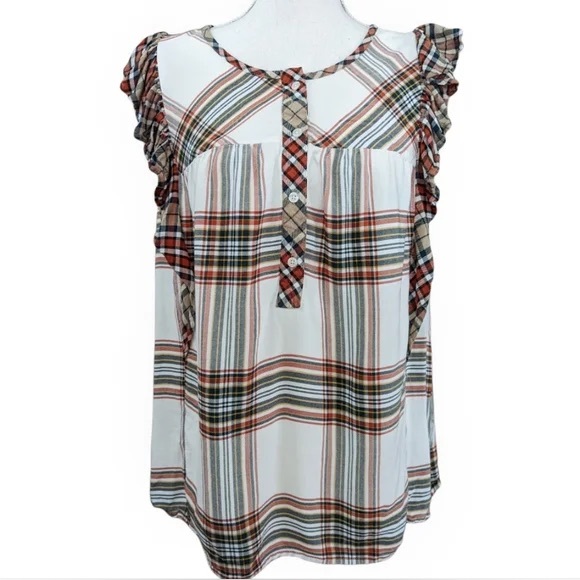 Time‎ and True White Multi Plaid Fall Ruffled Sleeveless Blouse Shirt Top Large - Picture 6 of 11